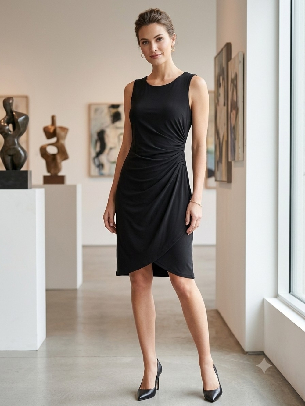 Nicole Miller Black Sleeveless Ruched Tulip-Hem Midi Dress Size Small